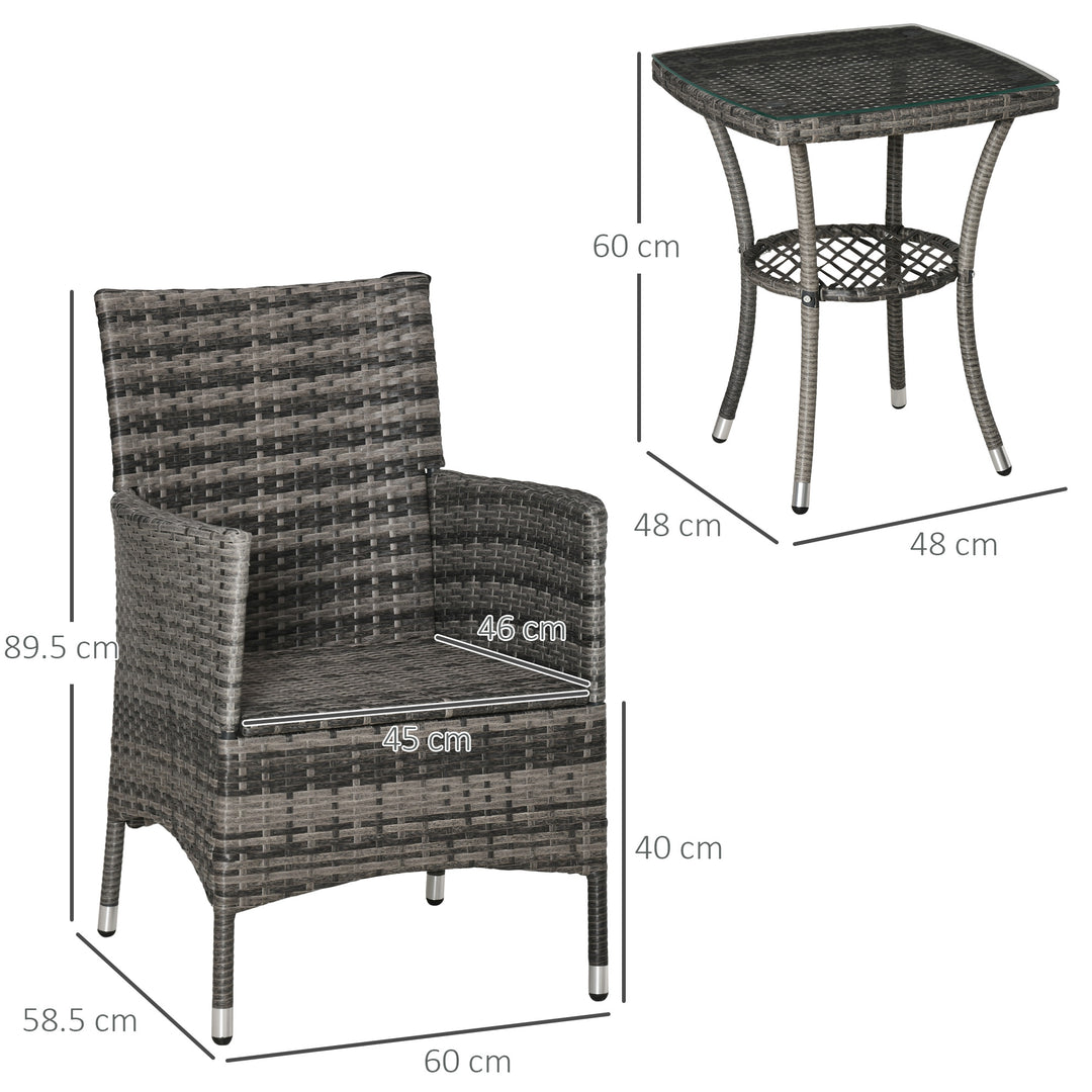 3 Pieces Rattan Bistro Set, Wicker Garden Furniture Set with 2-Tier Coffee Table and Chairs, Washable Cushions, for Outdoor Patio Balcony, Mixed Grey