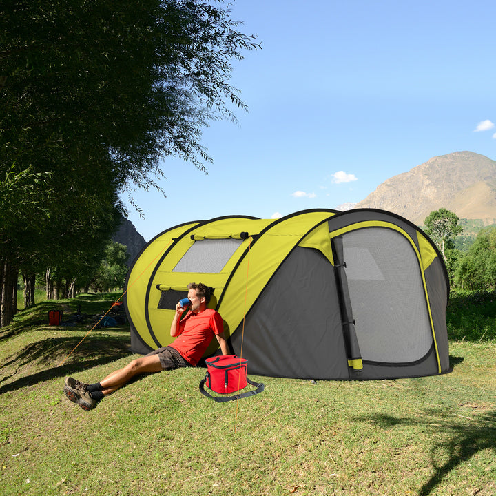 4 Person Pop-up Camping Tent Family Tent with Ground Sheet, 4 Windows and Portable Carry Bag for Beach Outdoor Trip, Yellow
