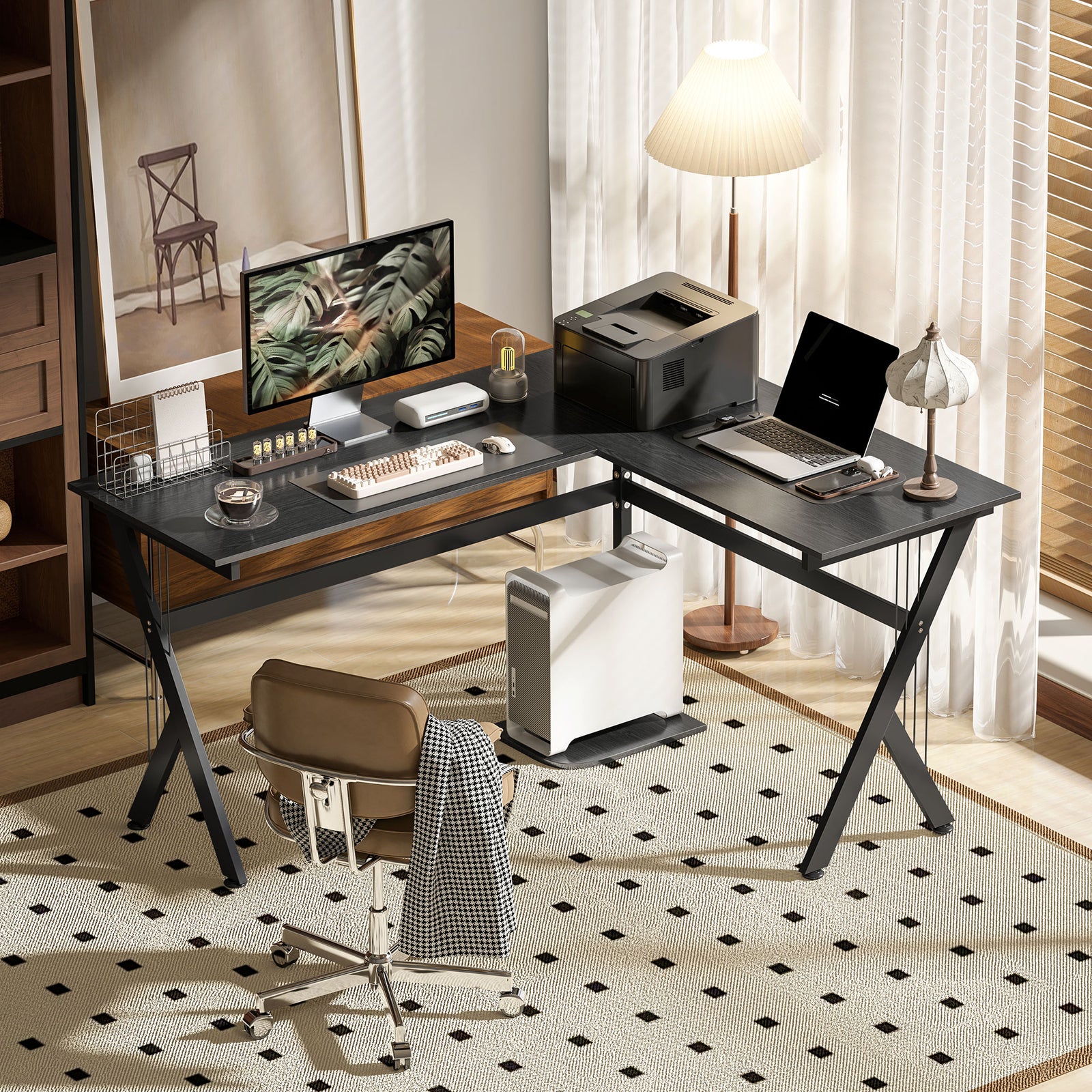 L Shaped Gaming Desk, 155 x 130cm Corner Computer Desk with CPU Stand for Home Office, Study Workstation, Black