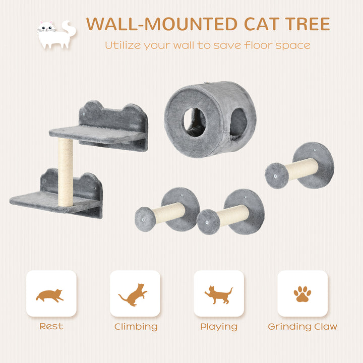 PawHut 5Pcs Cat Wall Furniture with Perch, Cat Condo, Scratching Post, Wall Mounted Cat Tree for Indoor Cats Use - Grey | Aosom UK