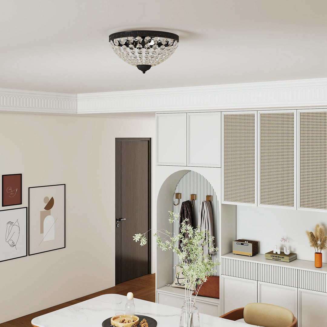 MCL Crystal Chandelier Ceiling Light with 168 Octagonal Beads, Vintage 2-Light Flush Mount Ceiling Light for Living Room, Bedroom, Hallway, Dining Room, Black