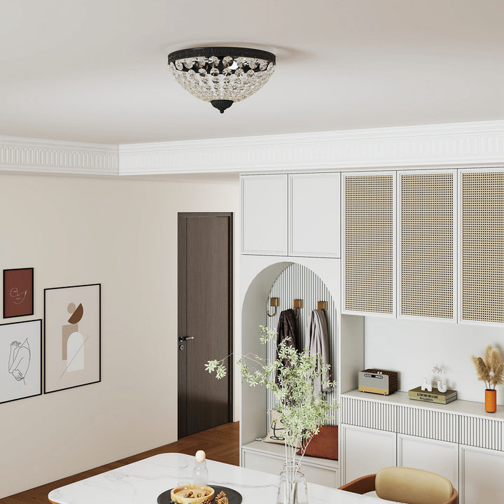 MCL Crystal Chandelier Ceiling Light with 168 Octagonal Beads, Vintage 2-Light Flush Mount Ceiling Light for Living Room, Bedroom, Hallway, Dining Room, Black