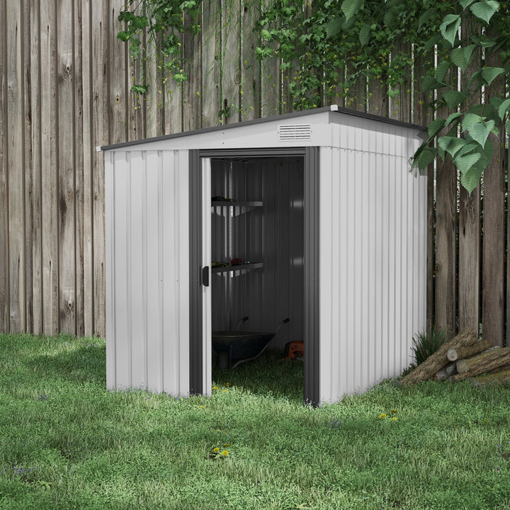 Outsunny 5 x 7FT Galvanised Metal Shed with Foundation, Lean to Tool Garden Shed with Sliding Doors and 2 Vents, White