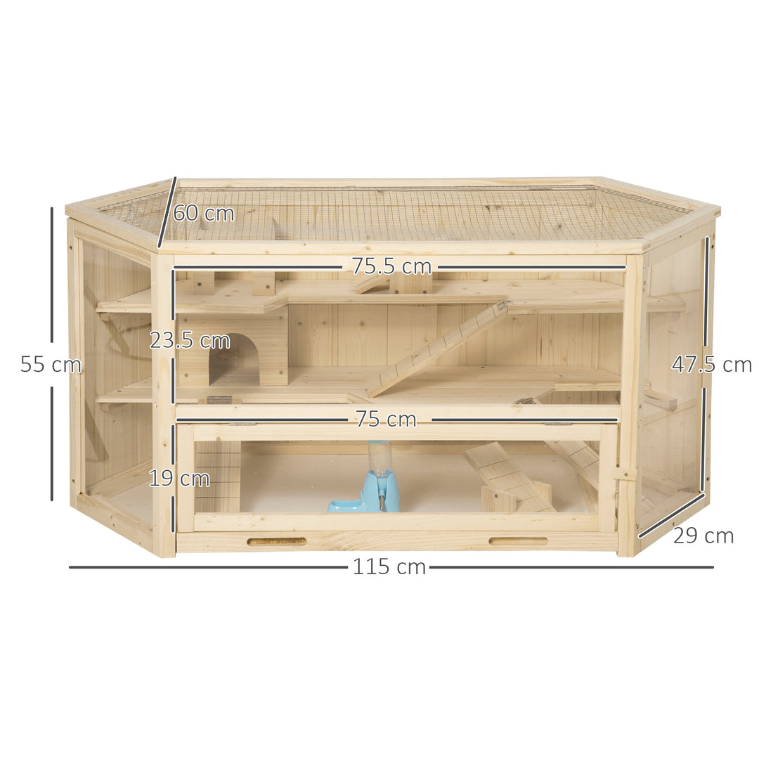 PawHut Wooden Large Hamster Cage Mouse Rats Small Animal Exercise Play House 3 Tier with Slide Activity Center, Natural