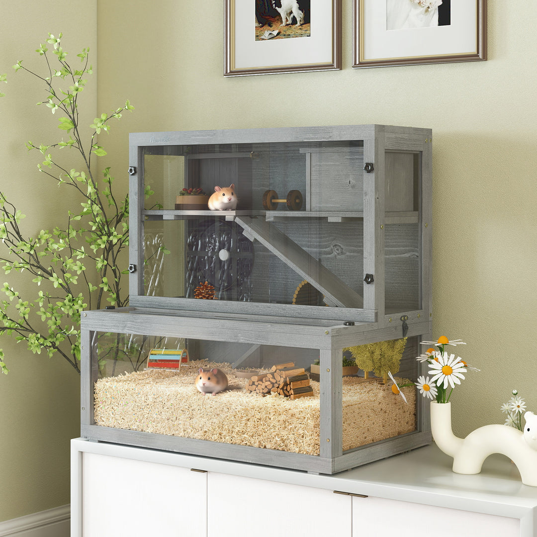 Wooden Hamster Cage with Hut, Wheel, Ramps, Removable Viewing Panels, 80 x 50 x 84 cm