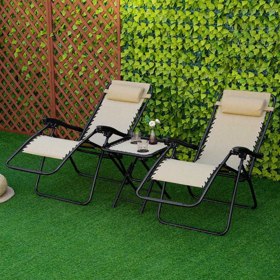 Folding Zero Gravity Chairs, 3 Pieces Adjustable Sun Lounger and Table Set with Cup Holder and Headrest, Patio Bistro Set with Reclining Garden Chairs for Outdoor, Beige