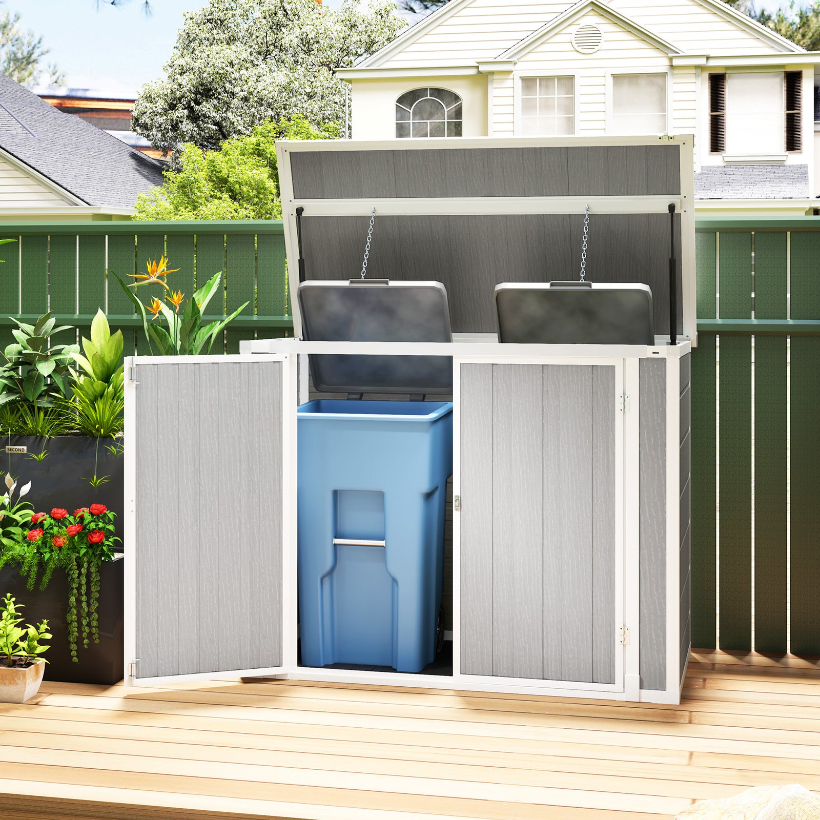 4.7 x 2.5FT Garden Shed, Lockable Outdoor Storage with Openable Lid, Small Shed for 2 Trash Cans, Tools, Patio, Light Grey