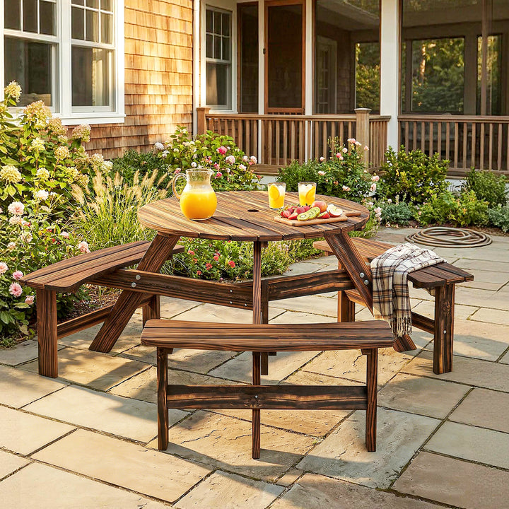 Wooden Garden Dining Set, 6 Seater Round Dining Picnic Table with Matc