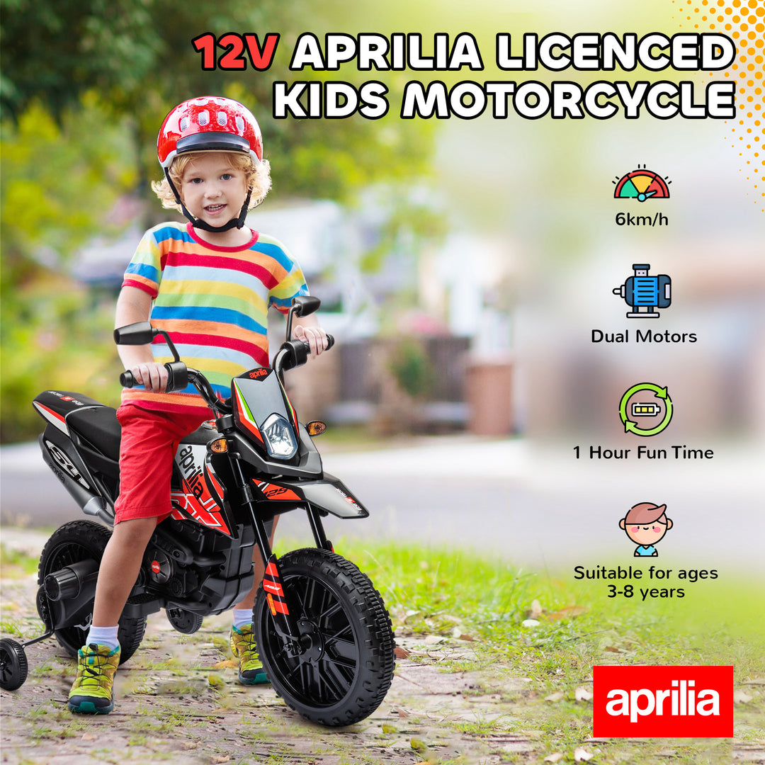MCL 12V Aprilia Licensed Kids Motorbike with Training Wheels, Spring Suspension, LED Headlight, USB, Music, Red/Black