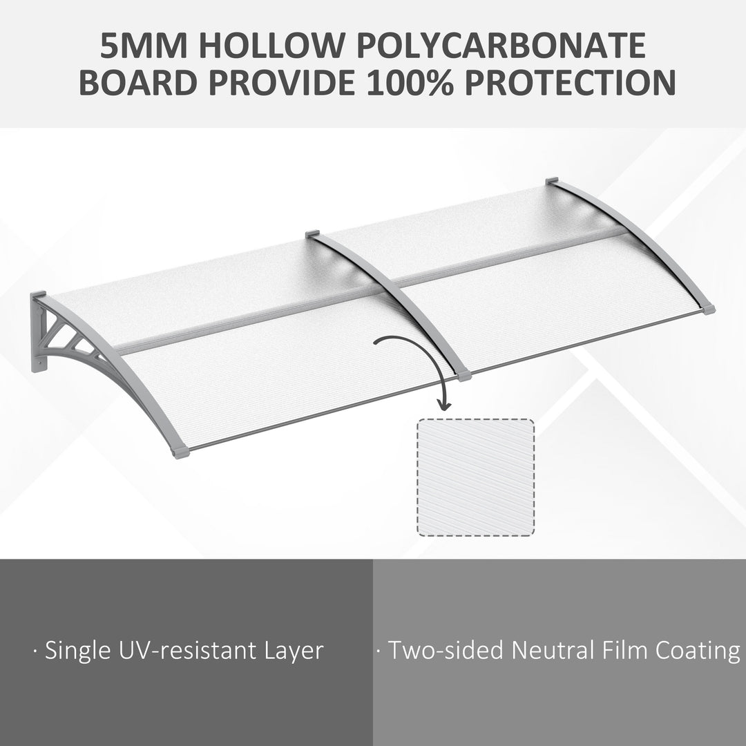 Front Door Canopy Outdoor Awning Aluminium Rigid Plastic Polycarbonate Rain Shelter UV Water Rain Resistant 196 x 75cm Clear