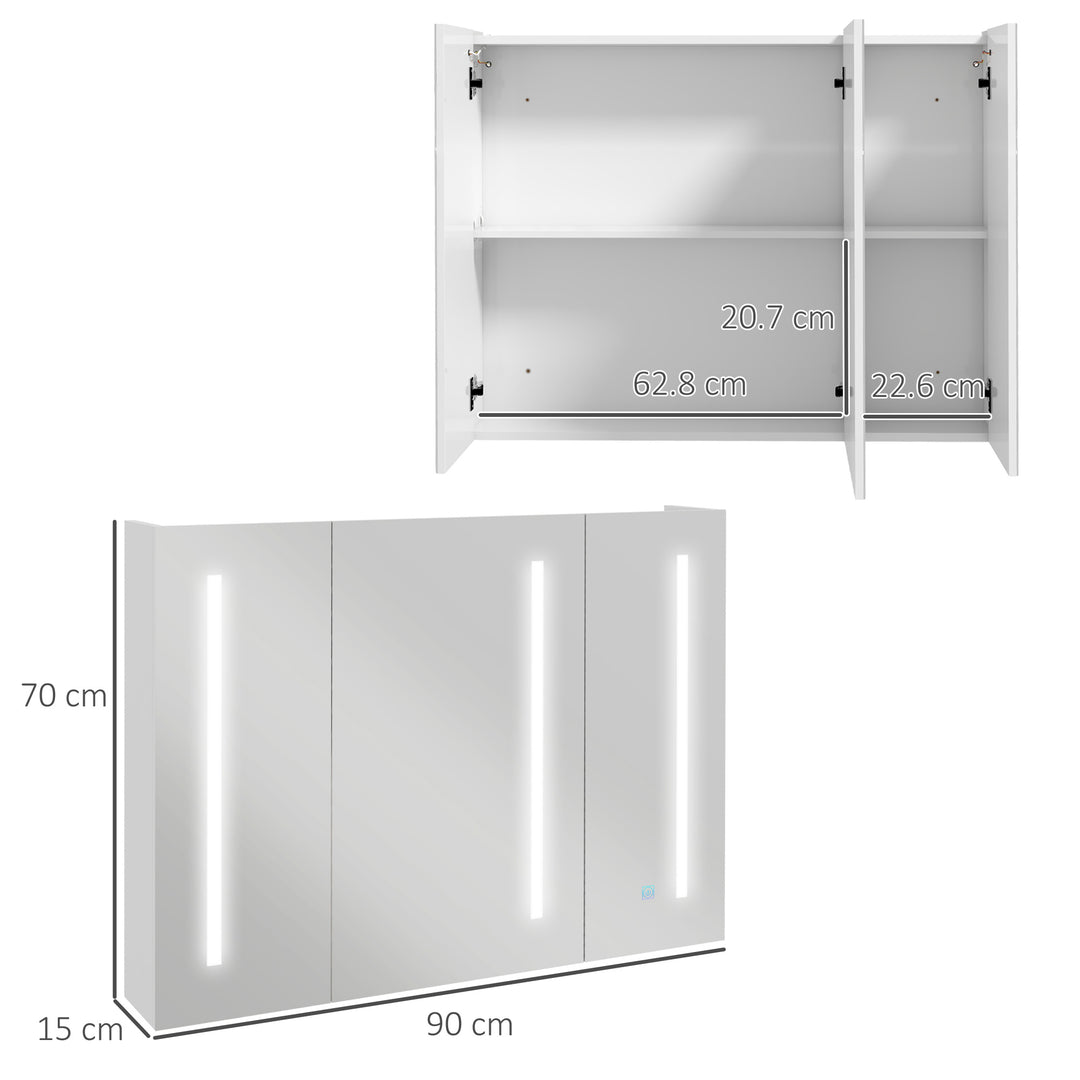 Bathroom Mirror Cabinet with Light, Bathroom Storage Cupboard with USB Charge, Adjustable Shelf, 90x15x70cm, White