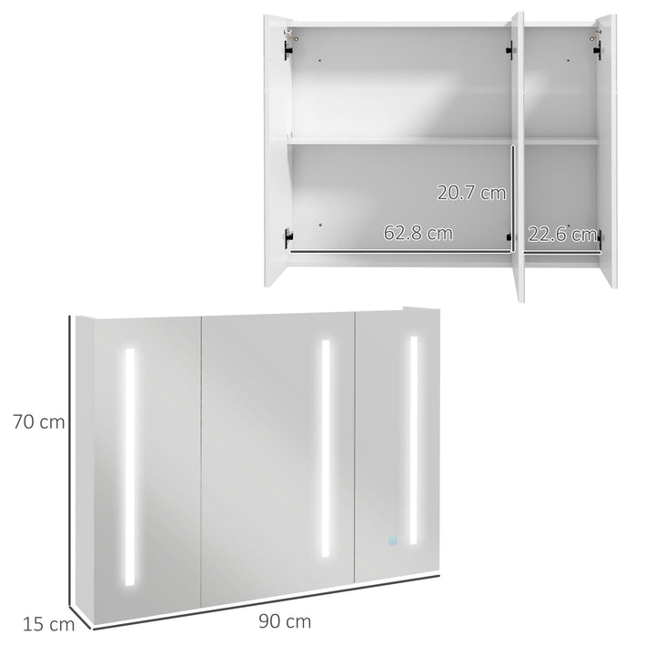 Bathroom Mirror Cabinet with Light, Bathroom Storage Cupboard with USB Charge, Adjustable Shelf, 90x15x70cm, White
