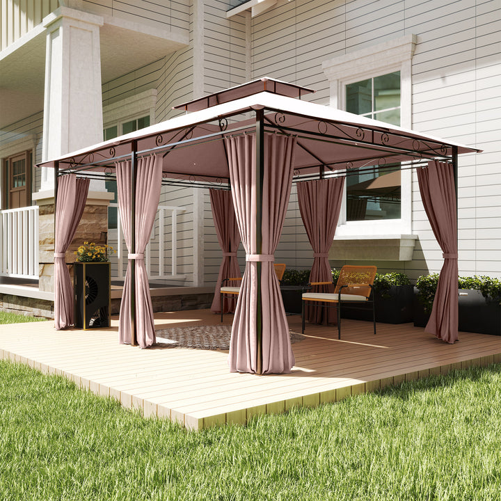 4m x 3(m)Garden Gazebo, Double Roof Outdoor Gazebo Canopy Shelter with Curtains, Solid Steel Frame for Patio, Garden, Brown