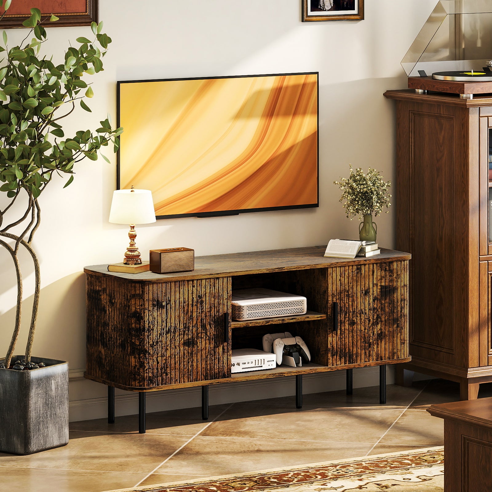 TV Stand Cabinet for TVs up to 55 Inches, TV Unit with Storage Shelves and Cupboard for Living Room, Rustic Brown
