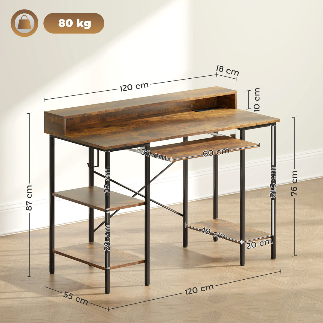 Computer Desk with LED Lights and Power Outlets, 120 x 55 cm Gaming Desk with Monitor Stand, Sliding Keyboard Tray and Storage Shelves for Home Office, Rustic Brown