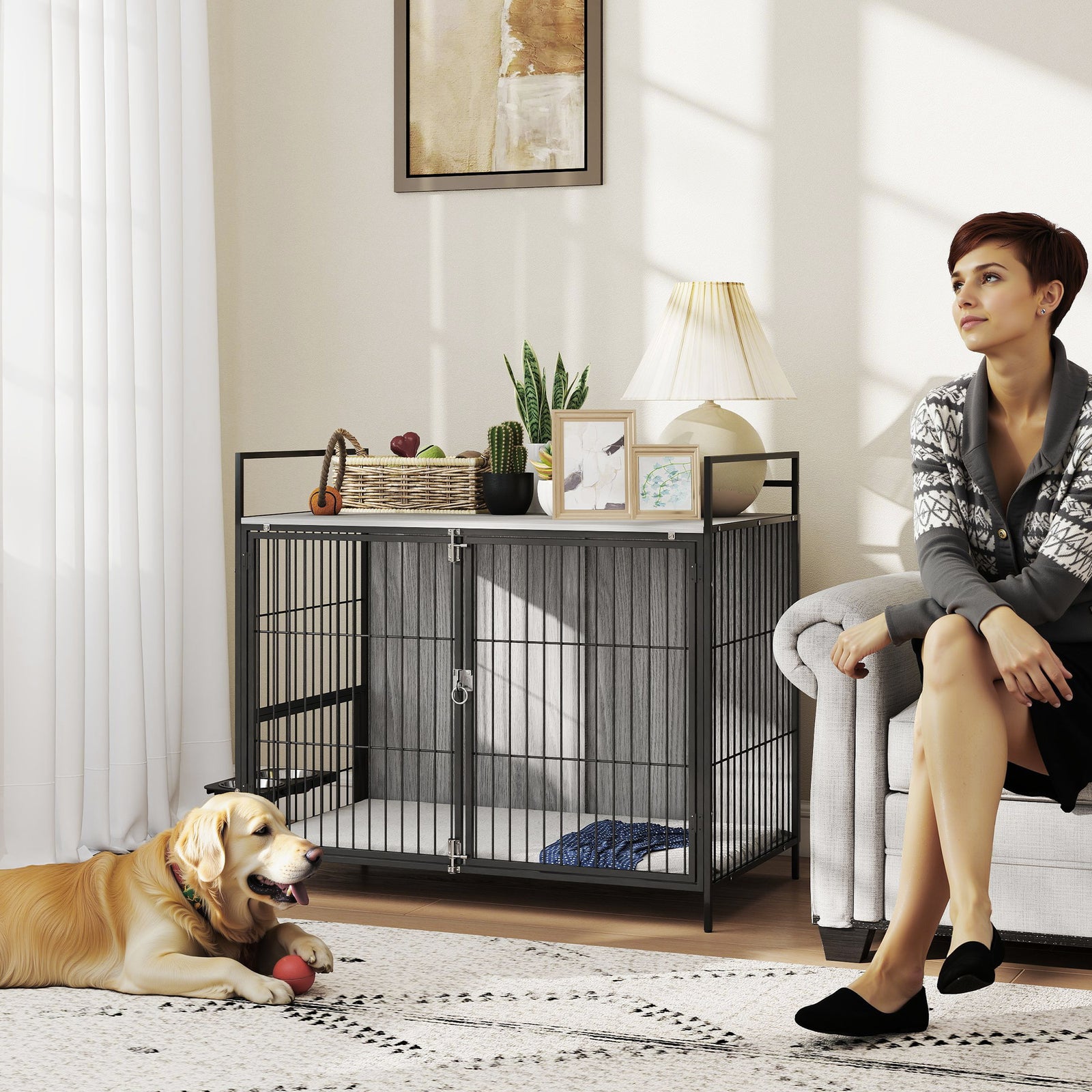 Large Dog Crate Furniture with Rotating Bowl Holder, 2 Bowls, 2 Doors, for Large Dogs, 100 x 60 x 88 cm, Grey