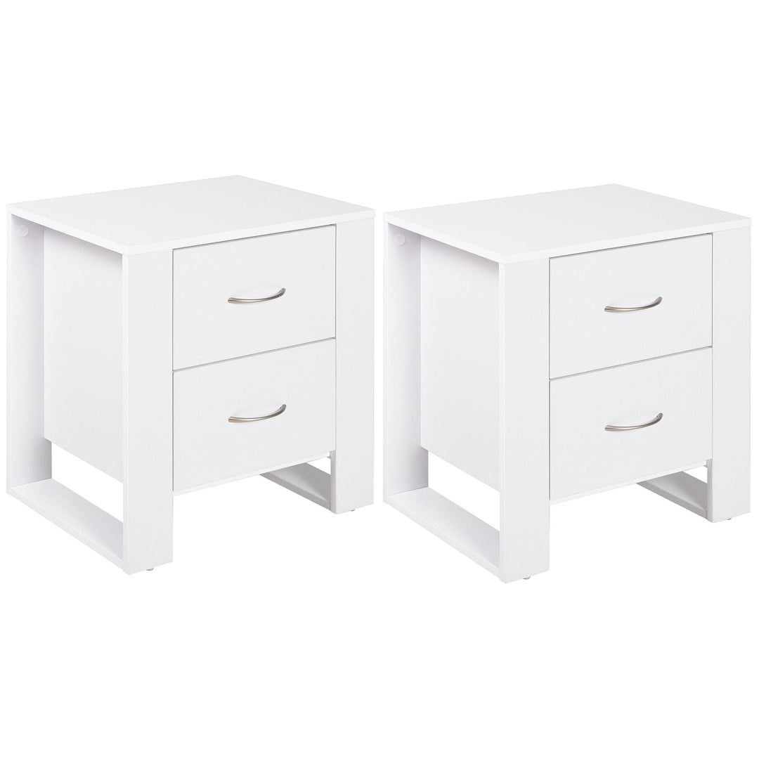 Bedside Table with 2 Drawers, Nightstand with Handles and Elevated Base, Side Table for Bedroom, Living Room, Set of 2, White