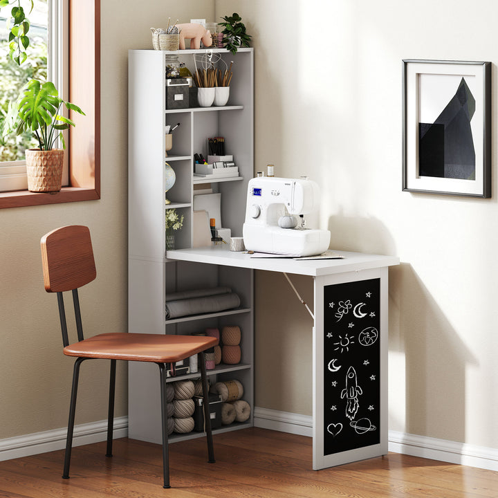 Wall Mounted Computer Desk, Folding Study Table with Black Board and Bookshelf, Multifunctional Floating Writing Desk for Home Office, White