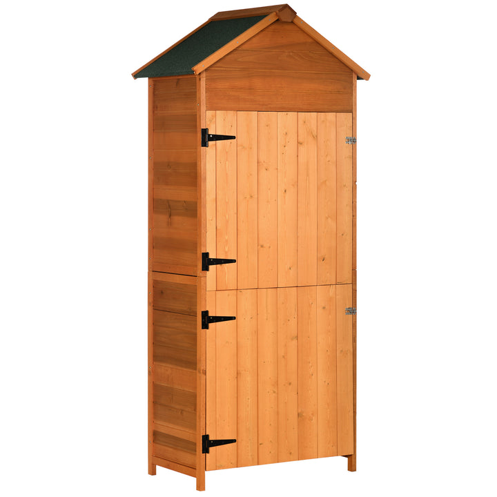 Outsunny 84 x 52cm Garden Shed 4-Tier Wooden Garden Outdoor Shed 3 Shelves Utility Gardener Cabinet Lockable Double Doors Tool Kit Storage | Aosom UK