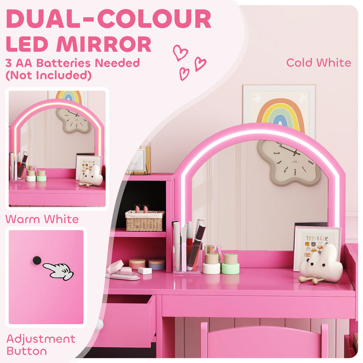 MCL Kids Vanity Table and Chair Set, Girls Dressing Table with 2-Colour LED Mirror, Stool, Cabinet, Drawer, Shelves, Pink