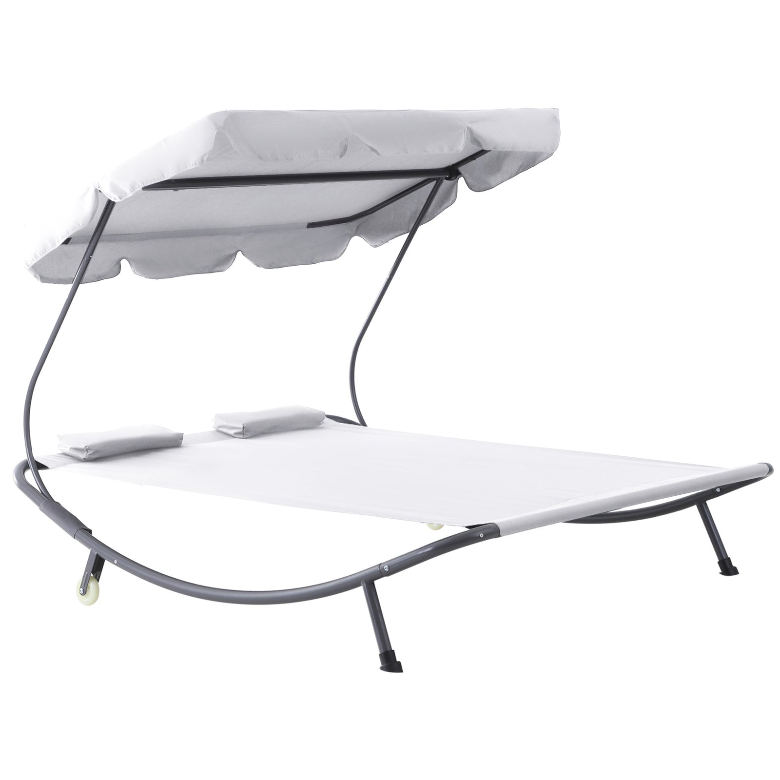 Double Sun Lounger with Adjustable Detachable Canopy, Portable Garden Daybed for 2 with Wheels, Outdoor Sunbed Hammock with 2 Pillows, 220 KG Max. Load, White