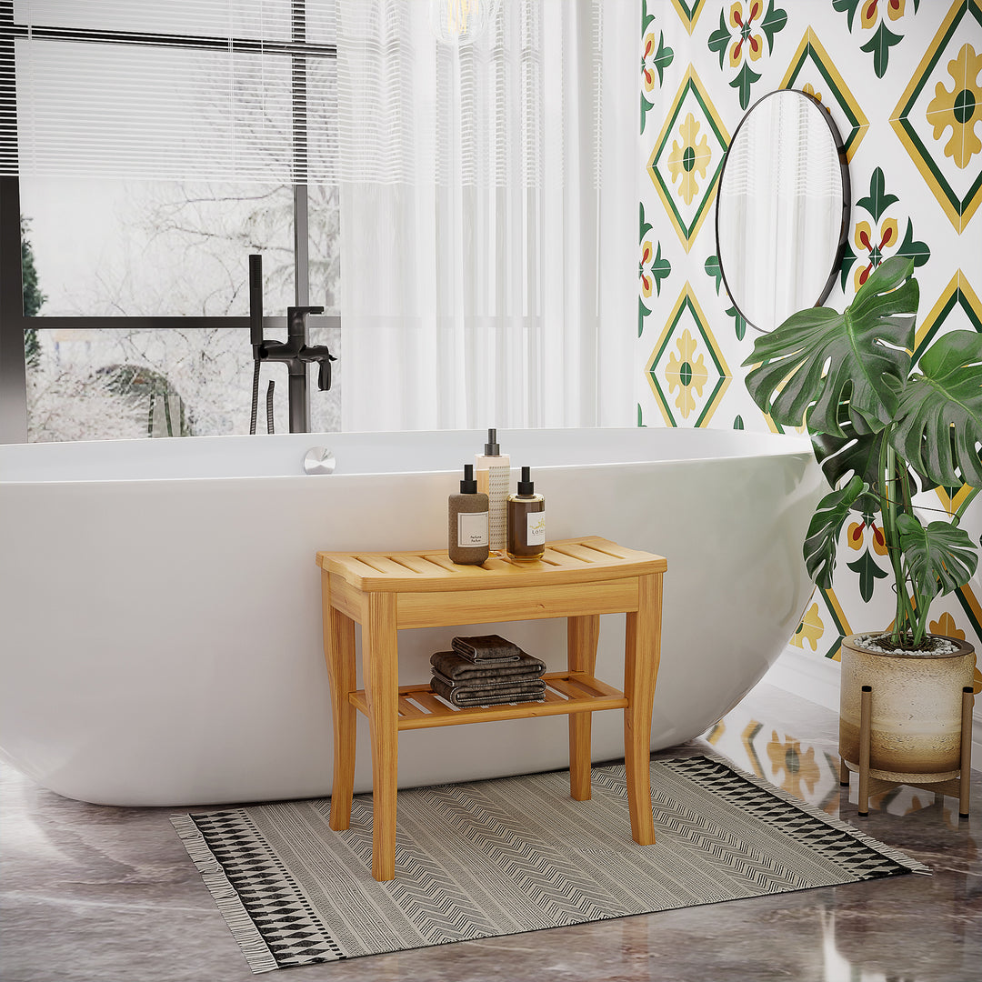 MCL 45cm 2-Tier Slatted Shower Bench Storage Seat w/ 4 Legs Comfortable Safe Bathroom Stool Spa Bath Organiser