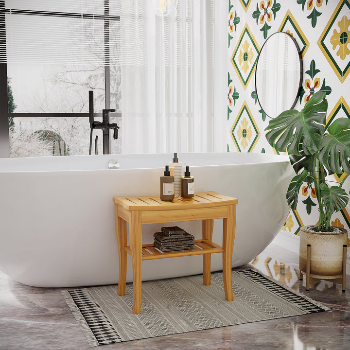 MCL 45cm 2-Tier Slatted Shower Bench Storage Seat w/ 4 Legs Comfortable Safe Bathroom Stool Spa Bath Organiser