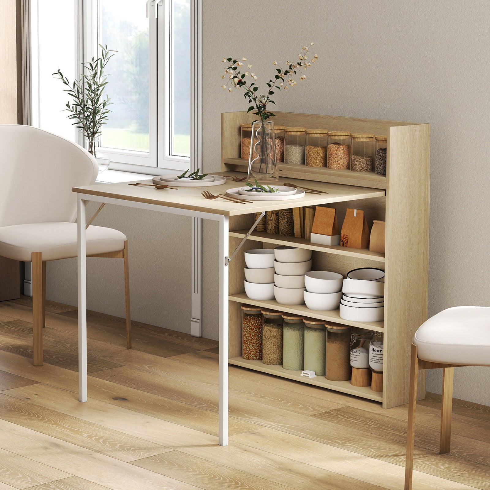 Kitchen Table, Folding Dining Table, with 4-Tier Shelves, Modern Drop-