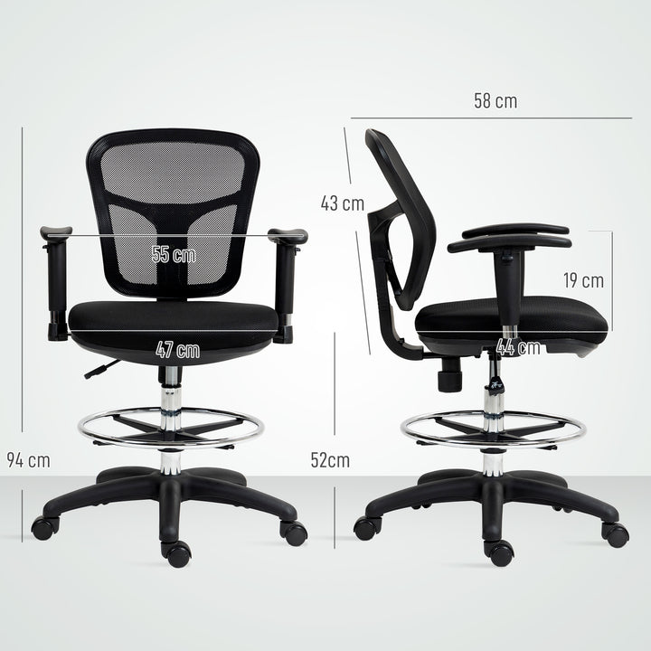 Drafting Chair with Adjustable Armrests, Ergonomic Mesh Office Chair with Lumbar Support, Adjustable Height and Footrest for Standing Desk, Black