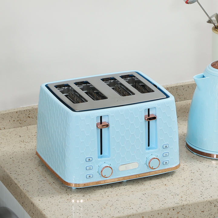 Kettle and Toaster Set, 1.7L 3000W Fast Boil Jug Kettle, 4 Slice Toaster with 7 Level Browning Controls, Light Blue