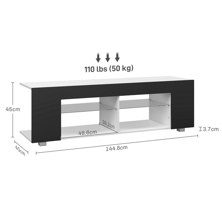 HOMCOM TV Stand, 145cm Modern TV Unit with Glass Shelves, RGB LED Light for 32 40 43 50 52 55 60 inch 4k TV, Black | Aosom UK