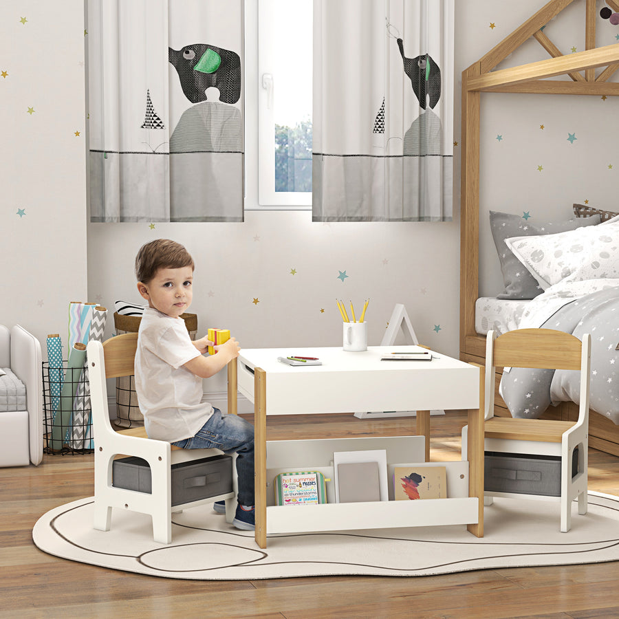 Three-Piece Kids Table and Chair Set with Blackboard, Storage, Bookshelves - Natural Wood