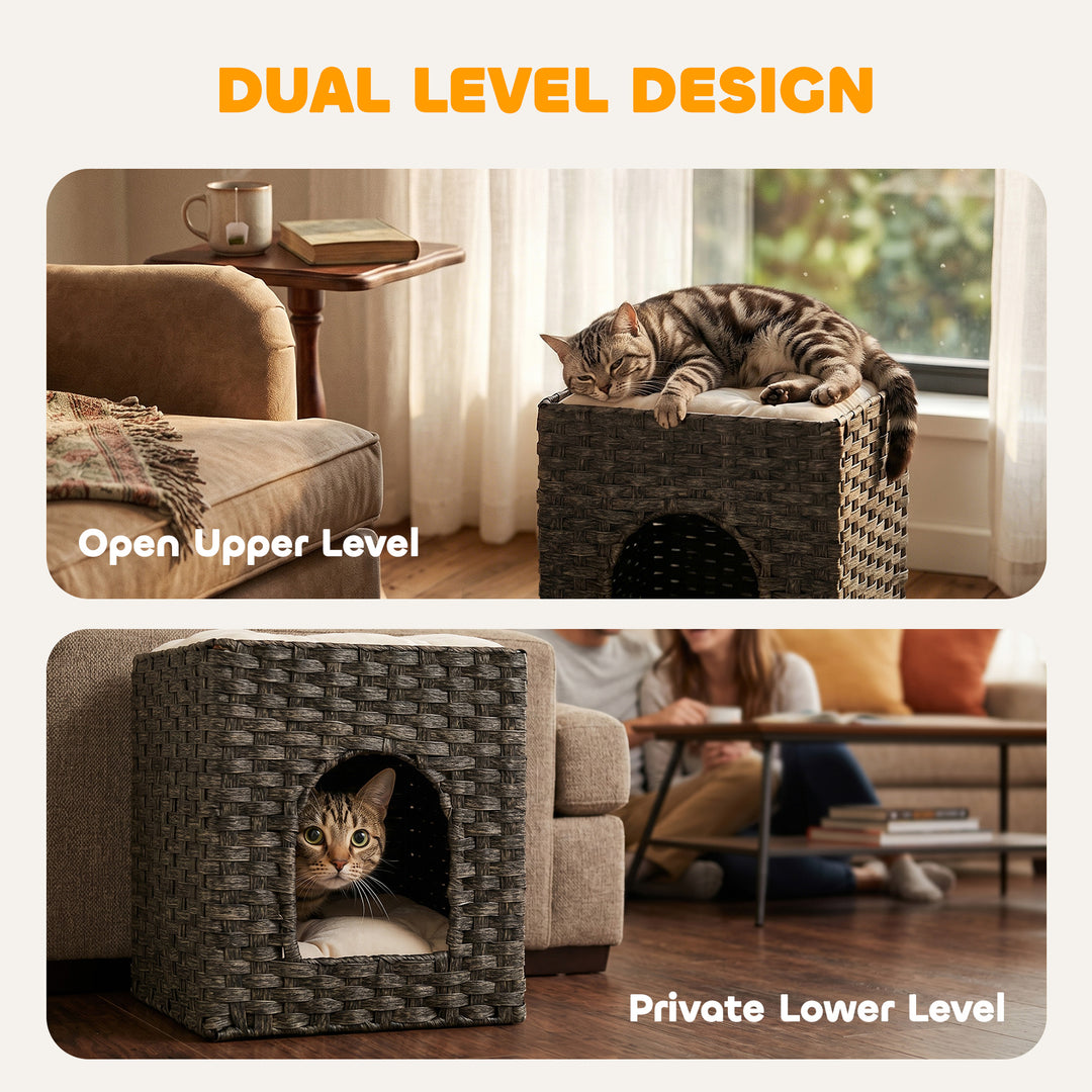 2-Tier Wicker Cat House, Handwoven Rattan Cat Bed with Washable Cushio