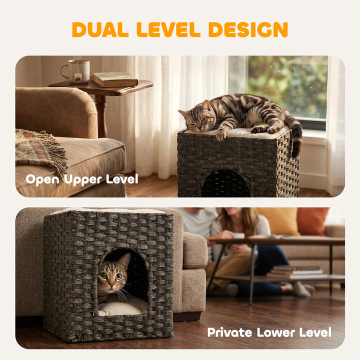 2-Tier Wicker Cat House, Handwoven Rattan Cat Bed with Washable Cushio