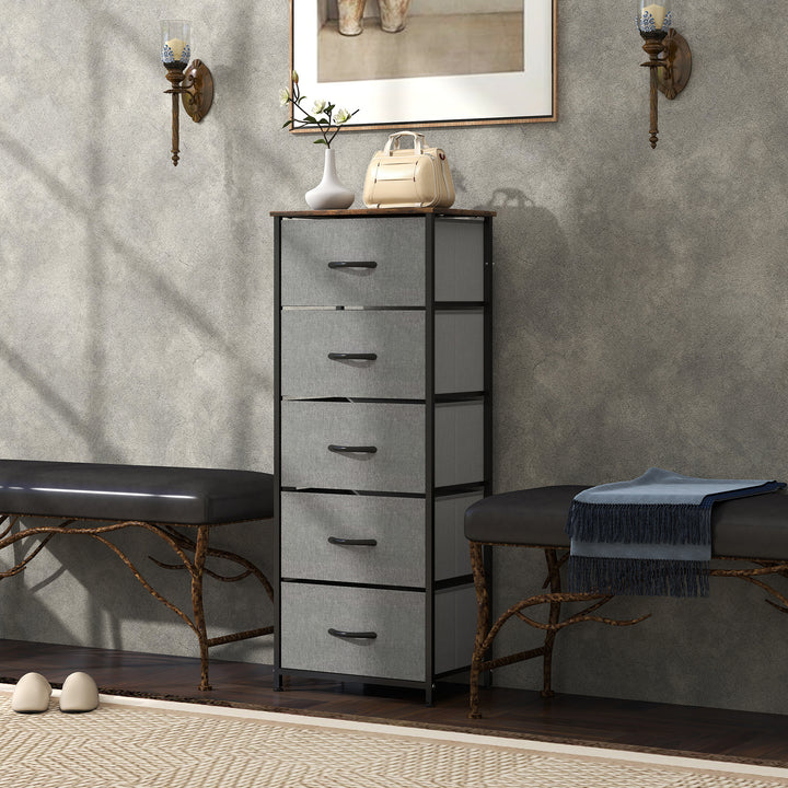 Fabric Chest of Drawers, Industrial Bedroom Dresser with 5 Fabric Drawers, Steel Frame and Wooden Top for Nursery, Living Room, Hallway, Rustic Brown and Grey