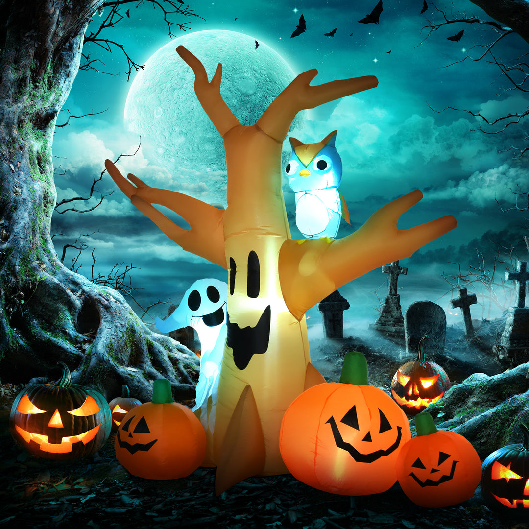 MCL 240cm Large Halloween Scary Lighting Inflatable Tree Ghost 3 Pumpkins Owl 4 LED Indoor Outdoor Holiday Decoration