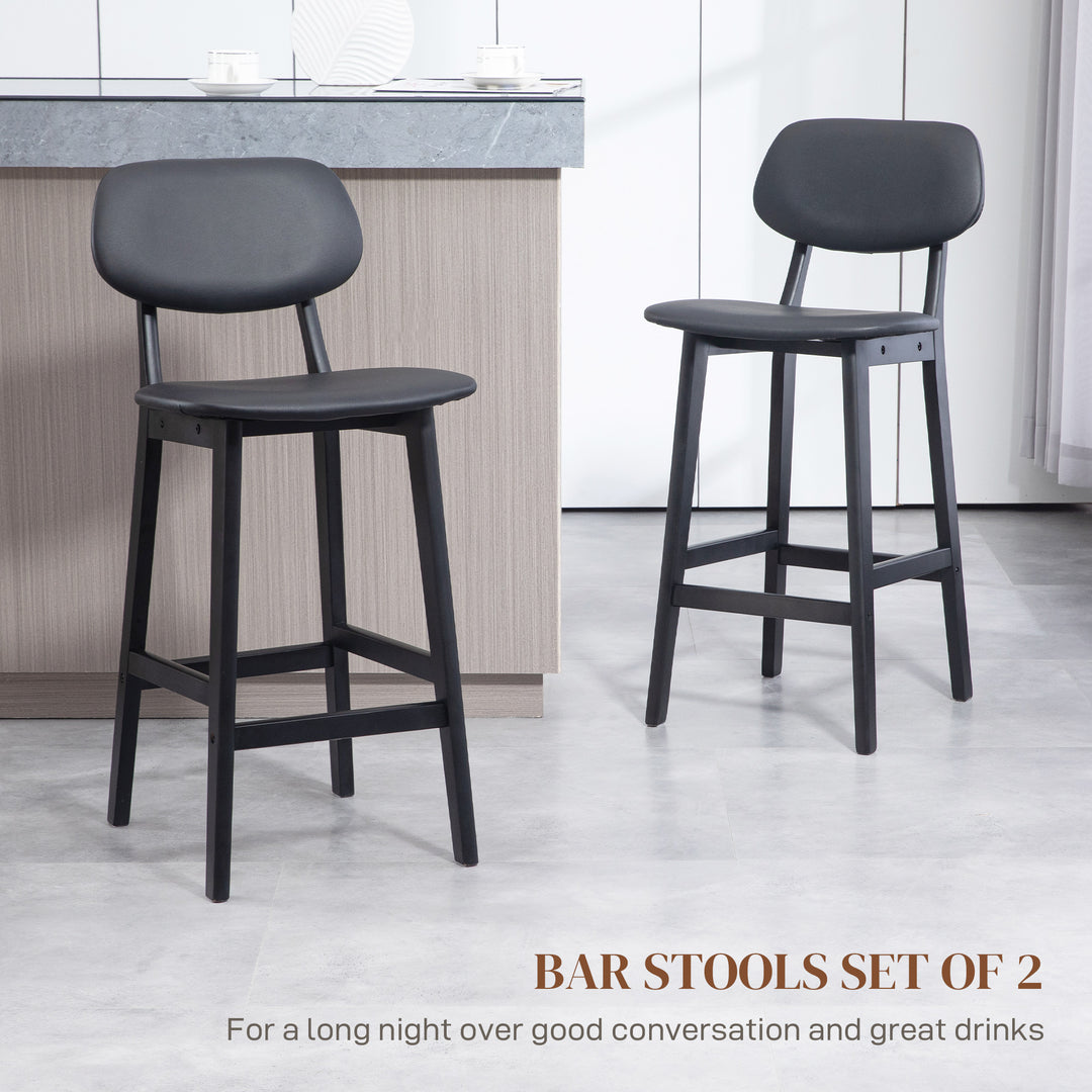 HOMCOM Bar Stools Set of 2, Modern Breakfast Bar Chairs, Faux Leather Upholstered Counter Bar Stool with Backs and Wood Legs, Black | Aosom UK