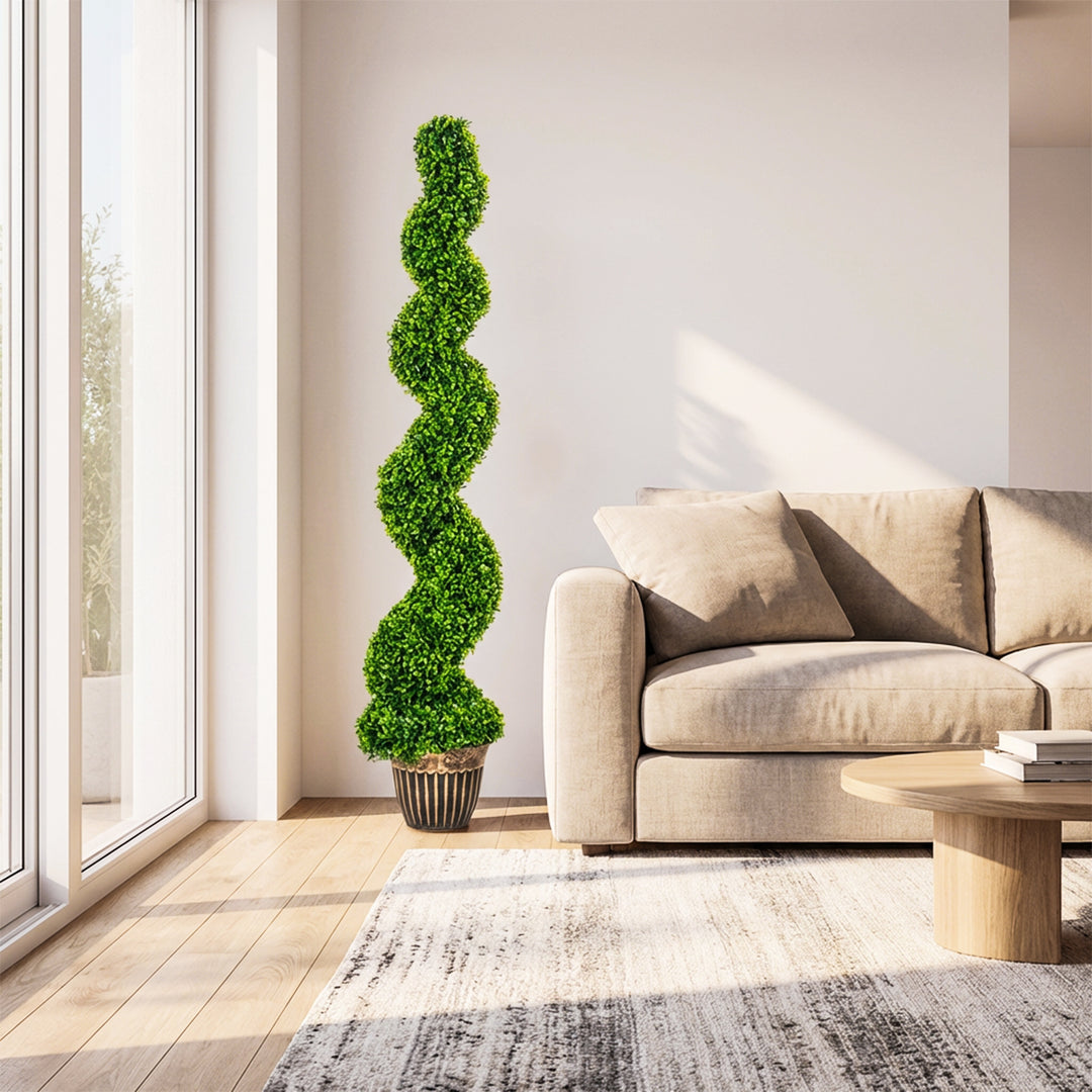 Set of 2 Artificial Plants, Topiary Spiral Boxwood Trees with Pot, for