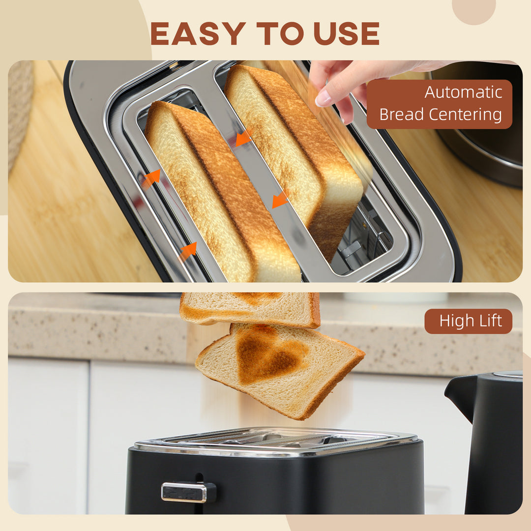 Kettle and Toaster Set, 1.7L 3000W Fast Boil Kettle & 2 Slice Toaster Kitchen Set with 6 Level Browning Controls, Defrost, Reheat, Black