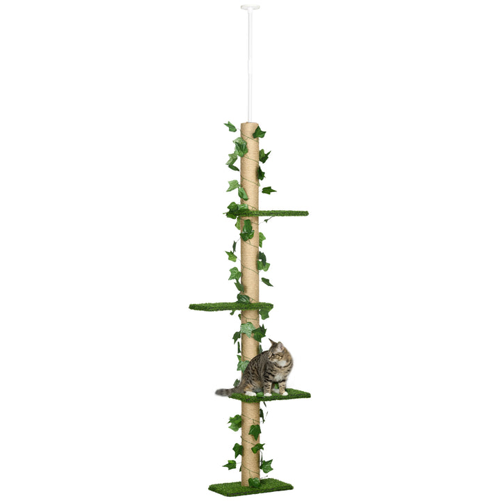 PawHut Floor to Ceiling Cat Tree, 242cm Height Adjustable Kitten Tower, Anti-slip Kit, Highly Simulated Multi-Layer Activity Centre, Green | Aosom UK