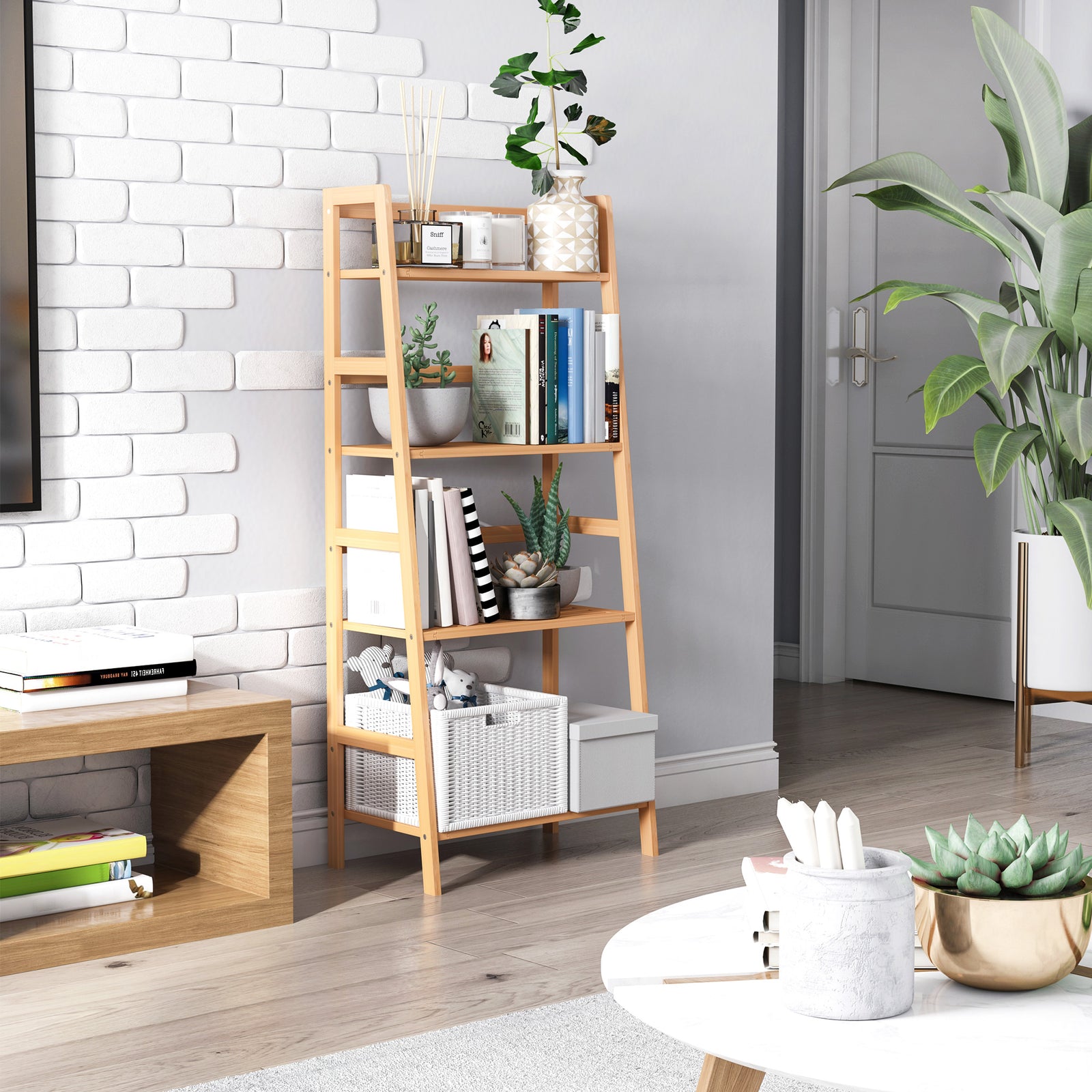 Bamboo Ladder Shelf, 4-Tier Bookshelf, Freestanding Bookcase for Living Room, Study, Bedroom, Home Office, 48 x 31.5 x 120cm, Natural Wood Effect