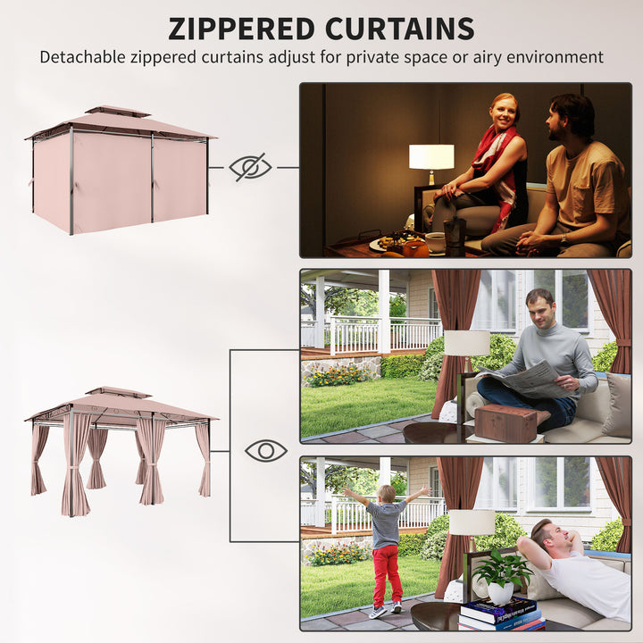4m x 3(m)Garden Gazebo, Double Roof Outdoor Gazebo Canopy Shelter with Curtains, Solid Steel Frame for Patio, Garden, Brown