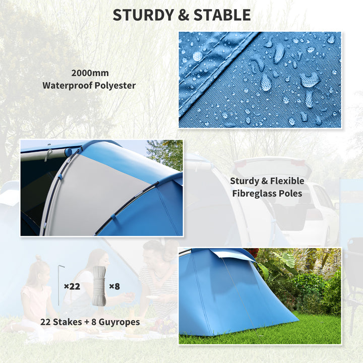 MCL 4-6 Man Camping Tent w/ Two Bedroom, Hiking Sun Shelter, UV Protection Tunnel Tent, Blue and White