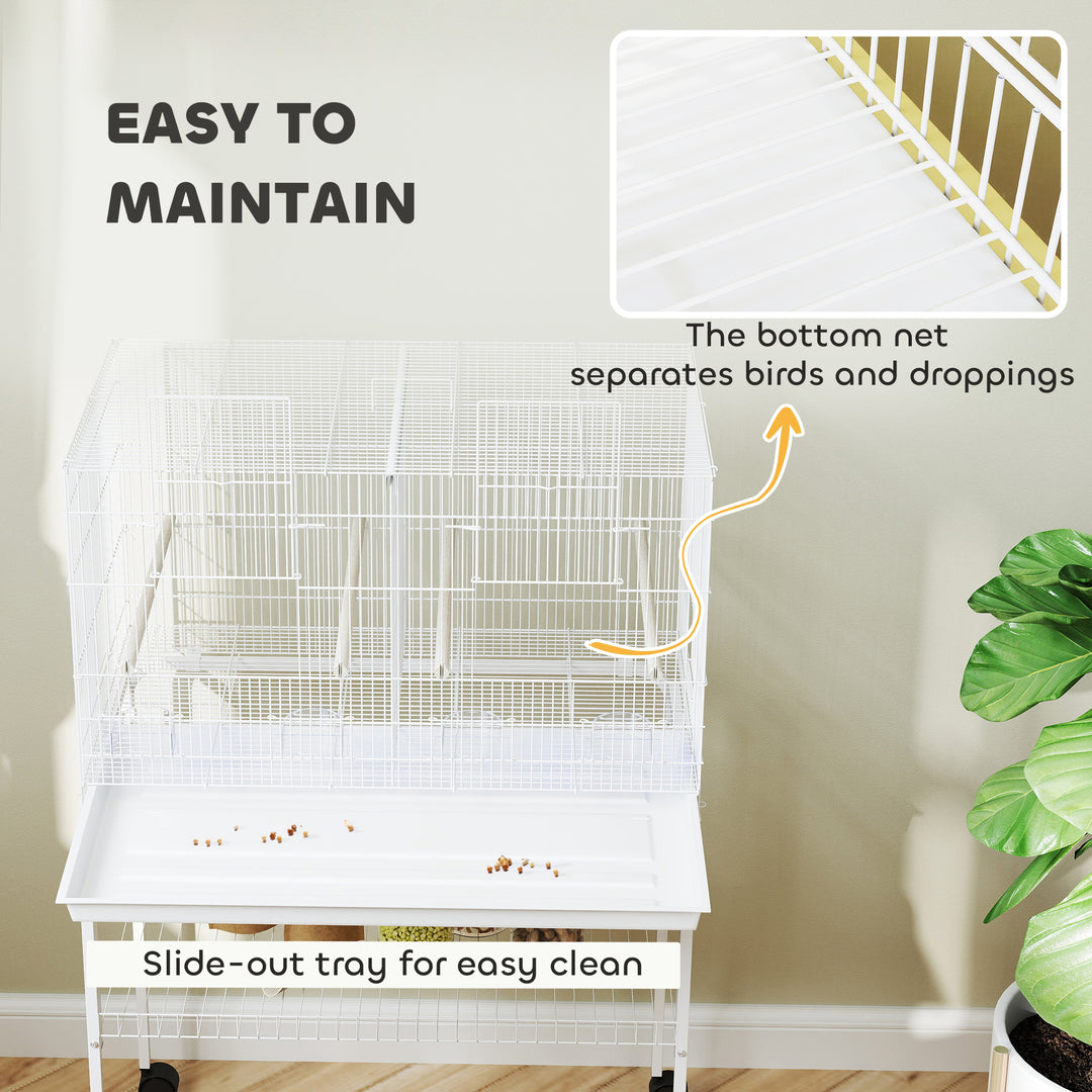 Bird Cage with Divider, 4 Wooden Perches, Slide Out Tray, 4 Feeders, for Budgie, Lovebird, Canary, 76 x 46 x 116cm White