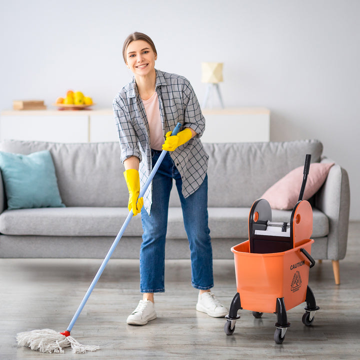 HOMCOM 26L Mop Bucket with Wringer, Mop Bucket on Wheels with Carry Handle, Mop Holder, Plastic Body for Household, Orange | Aosom UK