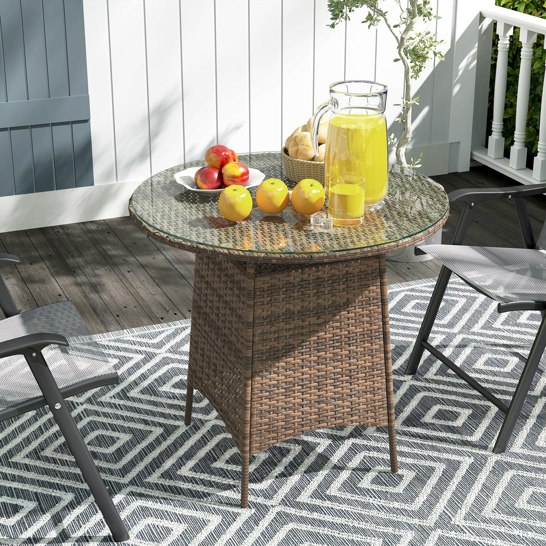 Wicker Garden Rattan Table, Patio Furniture Outdoor Coffee Table with Umbrella Hole and Tempered Glass Top, Brown