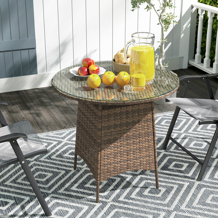 Wicker Garden Rattan Table, Patio Furniture Outdoor Coffee Table with Umbrella Hole and Tempered Glass Top, Brown