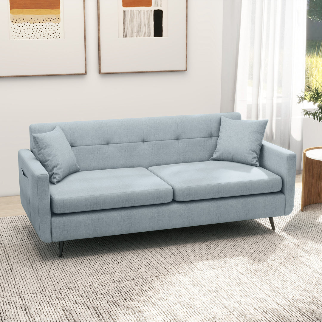 165cm 3 Seater Sofa for Living Room, Modern Fabric Couch, Tufted Small Couch Sofa Settee with Steel Legs and 2 Storage Pockets for Bedroom and Home Office, Blue