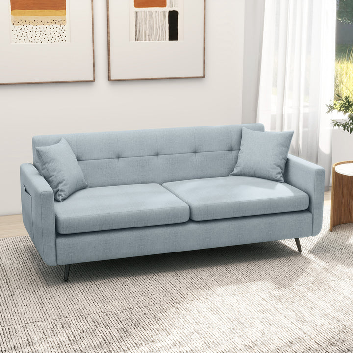 165cm 3 Seater Sofa for Living Room, Modern Fabric Couch, Tufted Small Couch Sofa Settee with Steel Legs and 2 Storage Pockets for Bedroom and Home Office, Blue