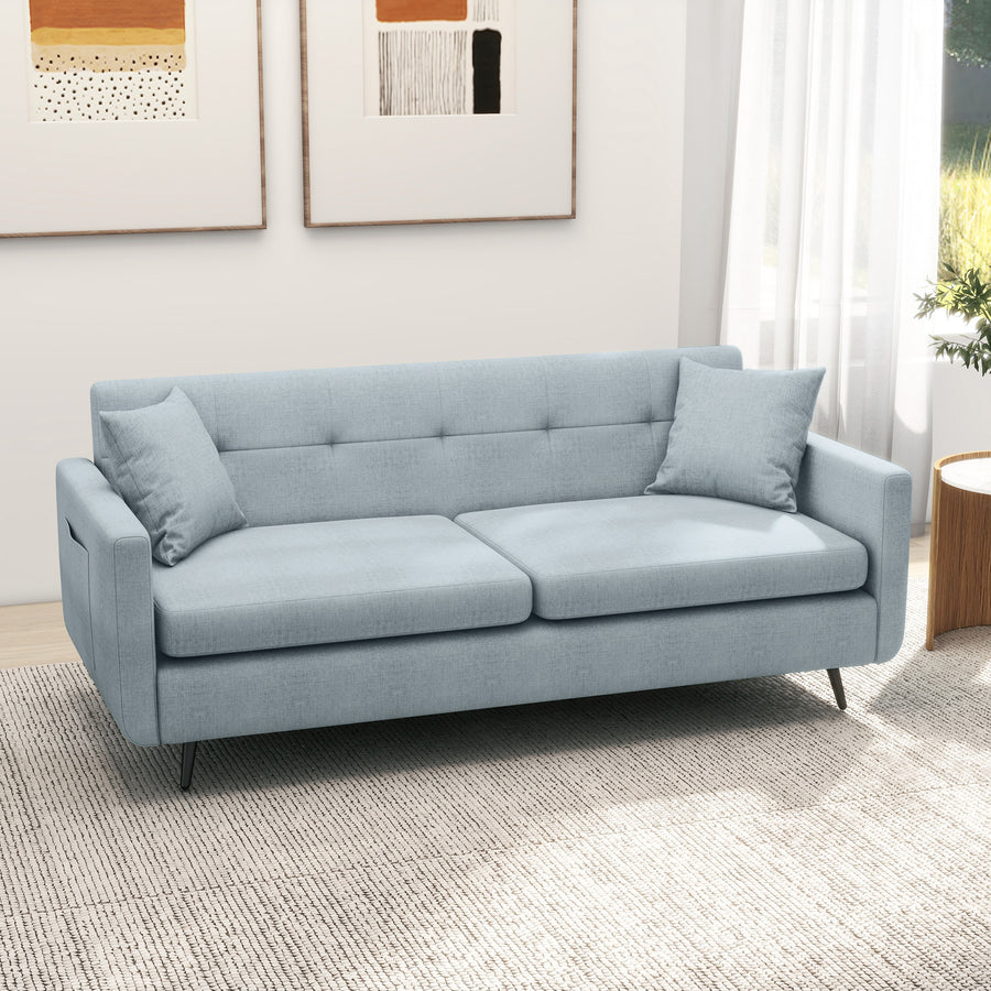 165cm 3 Seater Sofa for Living Room, Modern Fabric Couch, Tufted Small Couch Sofa Settee with Steel Legs and 2 Storage Pockets for Bedroom and Home Office, Blue